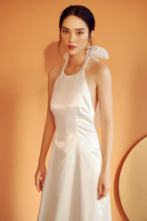 Halter Neck Midi Silk Dress with Back Bow and Open Back Detail for Elegant Evenings